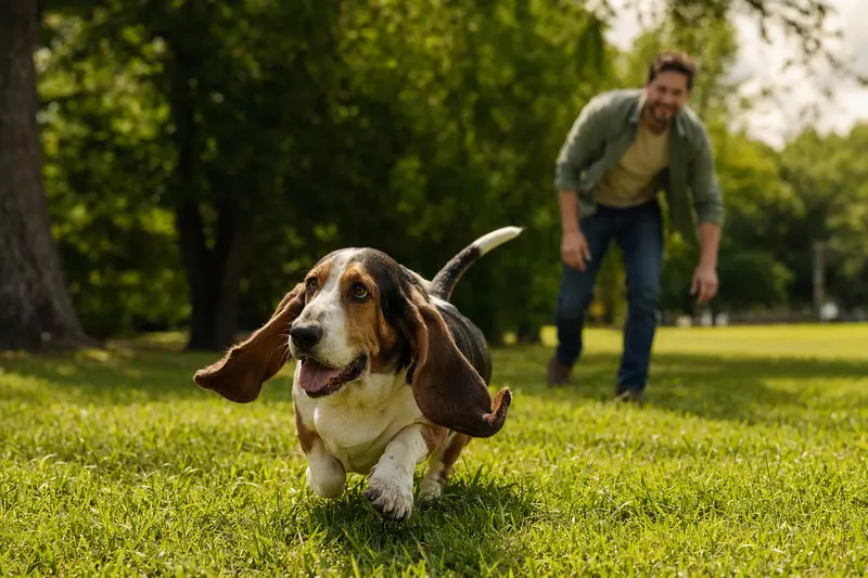 Ein Basset Hound Hund läuft fröhlich über eine grüne Wiese und genießt einen sonnigen Tag.