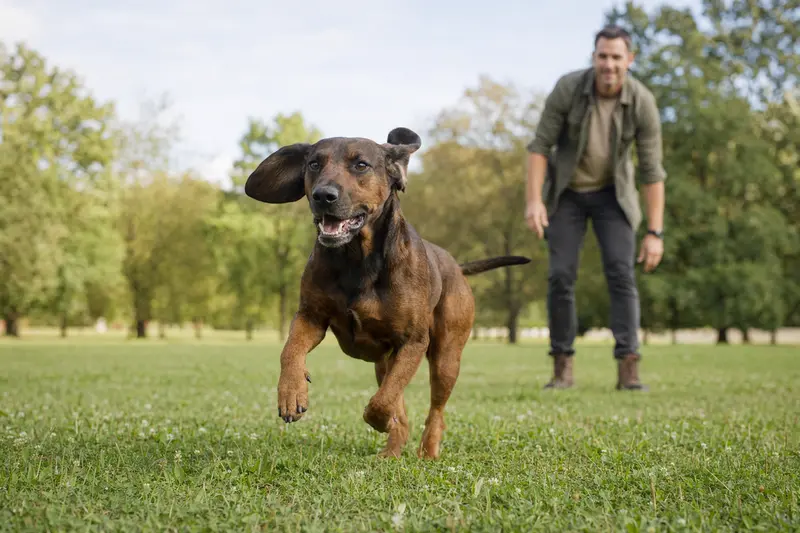 Ein vitaler Bayerischer Gebirgsschweißhund läuft fröhlich über eine grüne Wiese, während sein Besitzer im Hintergrund spielt.