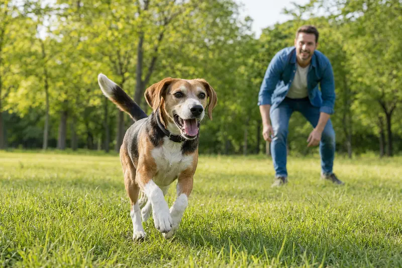 Ein fröhlicher Beagle-Harrier Hund läuft über eine grüne Wiese, während sein Besitzer im Hintergrund mit ihm spielt