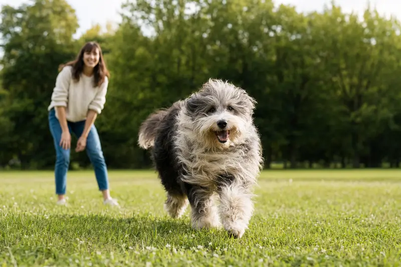 Ein vitaler Bearded Collie läuft fröhlich über eine grüne Wiese im Park, während sein Besitzer im Hintergrund mit ihm spielt.