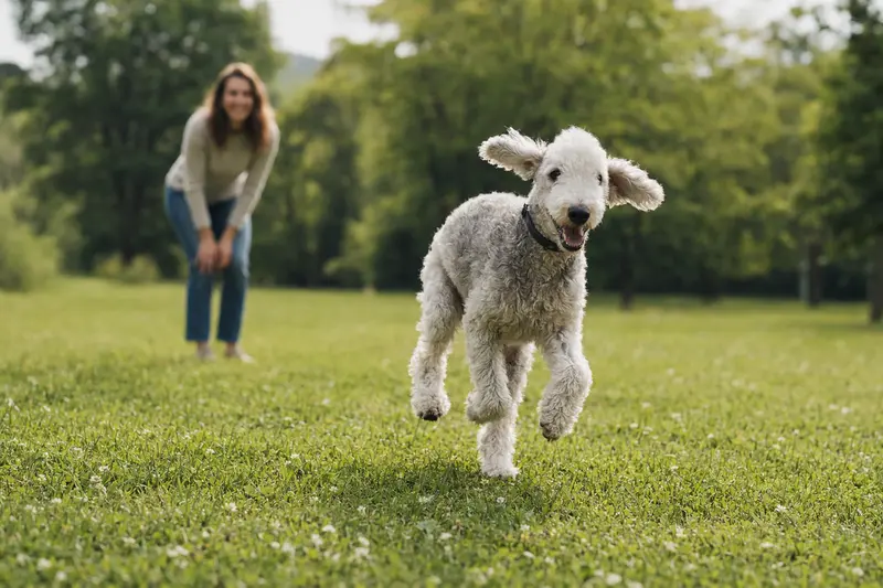 Ein fröhlicher Bedlington Terrier läuft über eine grüne Wiese, während sein Besitzer im Hintergrund spielt.