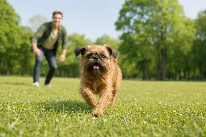 Ein Belgischer Griffon Hund läuft fröhlich über eine grüne Wiese, während sein Besitzer im Hintergrund aktiv mit ihm spielt.