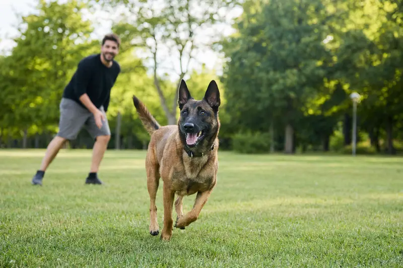 Ein gesunder Belgischer Schäferhund läuft fröhlich über eine grüne Wiese im Park, während sein Besitzer mit ihm spielt.
