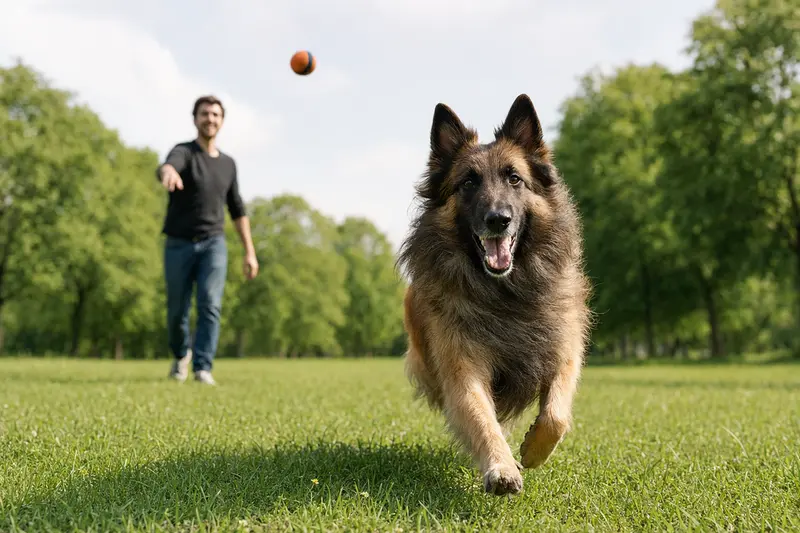 Ein belgischer Schäferhund Tervueren läuft fröhlich über eine grüne Wiese, während sein Besitzer im Hintergrund mit ihm spielt.
