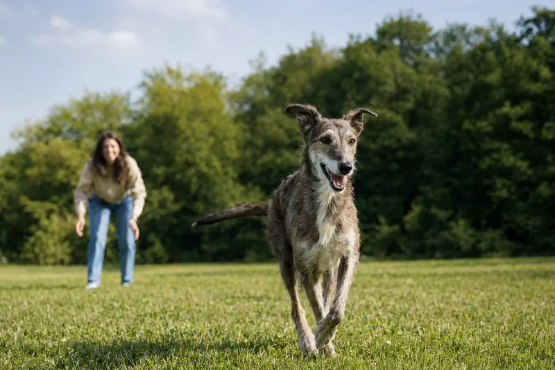 Ein fröhlicher Berber-Windhund läuft über eine grüne Wiese, während sein Besitzer im Hintergrund spielt.