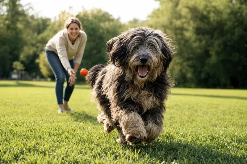 Ein fröhlicher Bergamasker Hirtenhund läuft über eine grüne Wiese, während sein Besitzer im Hintergrund mit ihm spielt.
