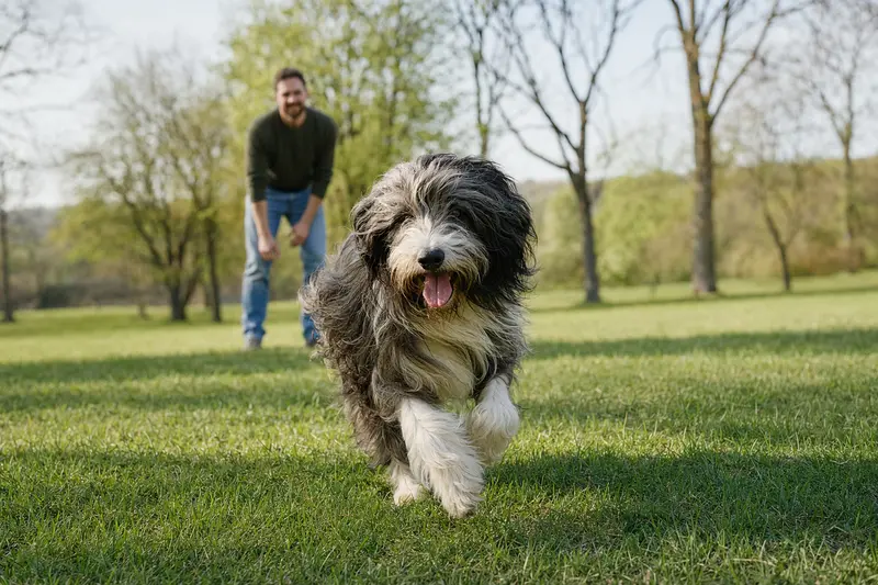 Ein Bergamasker Hund läuft fröhlich über eine grüne Wiese im Park.