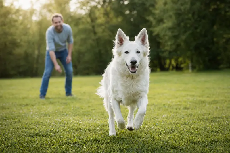 Ein Berger Blanc Suisse Hund springt fröhlich über eine grüne Wiese, während sein Besitzer im Hintergrund mit ihm spielt.