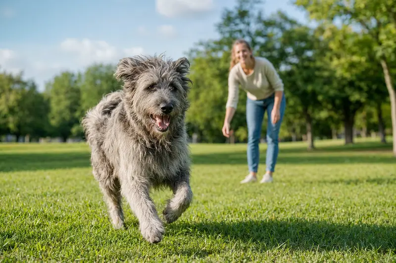 Ein fröhlicher Berger de la Crau Hund läuft über eine grüne Wiese, während sein Besitzer im Hintergrund spielt.