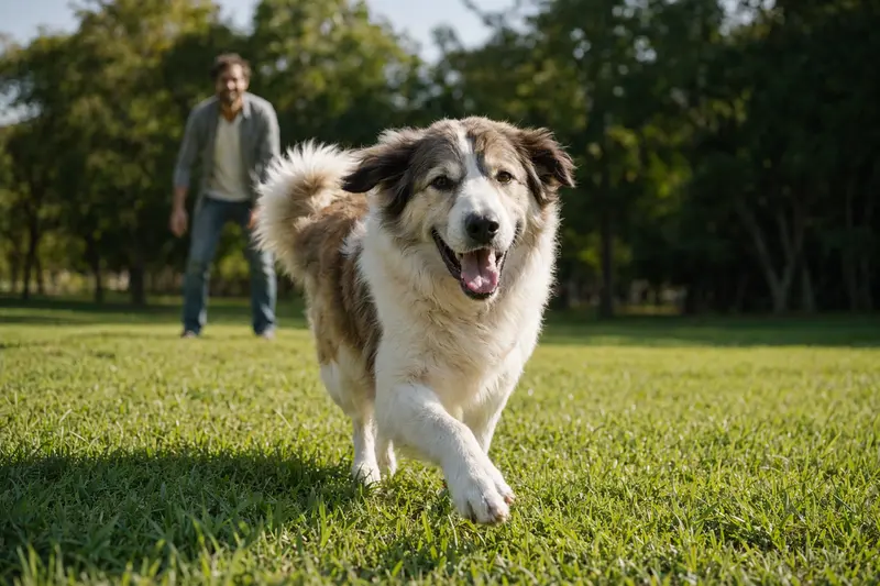 Ein glücklicher Berger des Pyrenees Hund läuft über eine grüne Wiese, während sein Besitzer im Hintergrund mit ihm spielt.