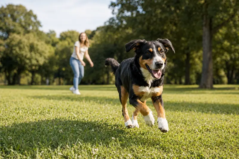 Ein Berner Laufhund rennt fröhlich über eine grüne Wiese, während sein Besitzer im Hintergrund mit ihm spielt.