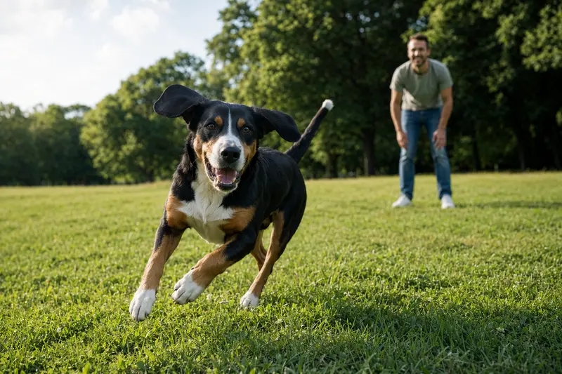 Ein fröhlicher Berner Niederlaufhund läuft aktiv über eine grüne Wiese, während sein Besitzer im Hintergrund spielt.