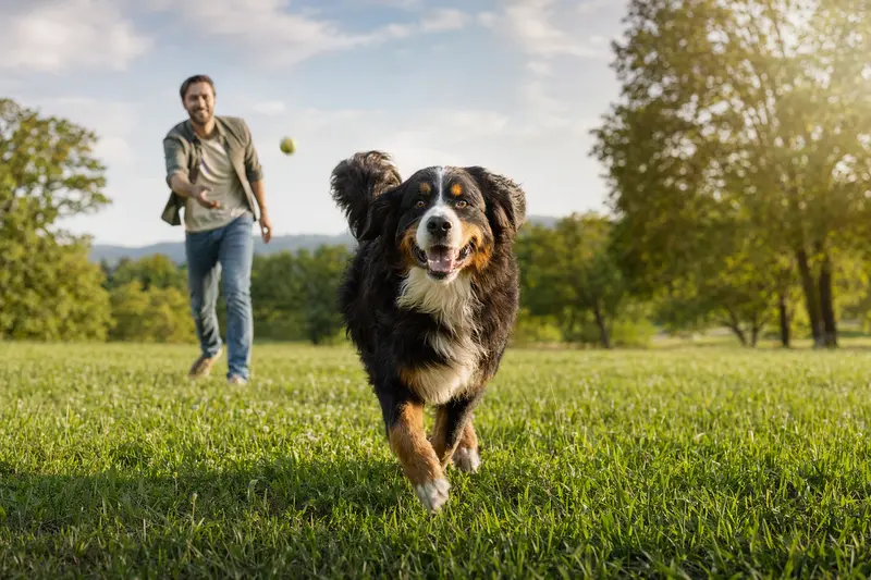 Ein Berner Sennenhund spielt fröhlich auf einer Wiese im Park, während sein Besitzer im Hintergrund mit ihm interagiert.