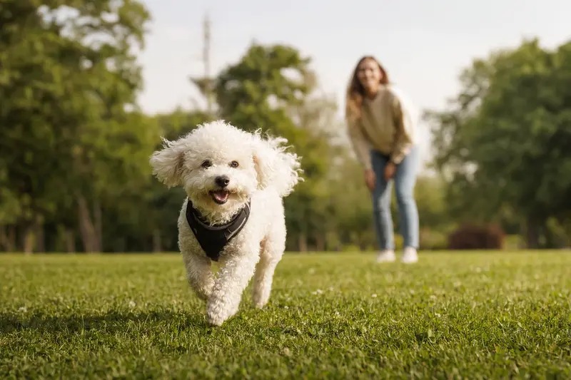 Ein fröhlicher Bichon Frisé läuft über eine grüne Wiese, während sein Besitzer mit ihm spielt.