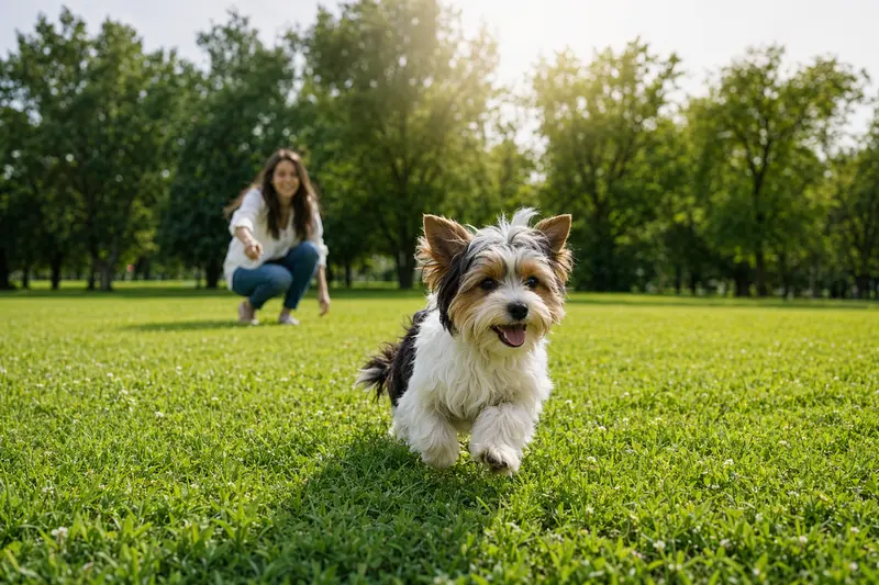 Ein fröhlicher Biewer Yorkshire a la Pom-Pon Hund läuft aktiv über eine grüne Wiese, während sein Besitzer im Hintergrund spielt.