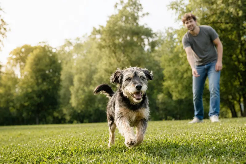 Ein fröhlicher Billy Hund läuft über eine grüne Wiese, während sein Besitzer im Hintergrund spielt.