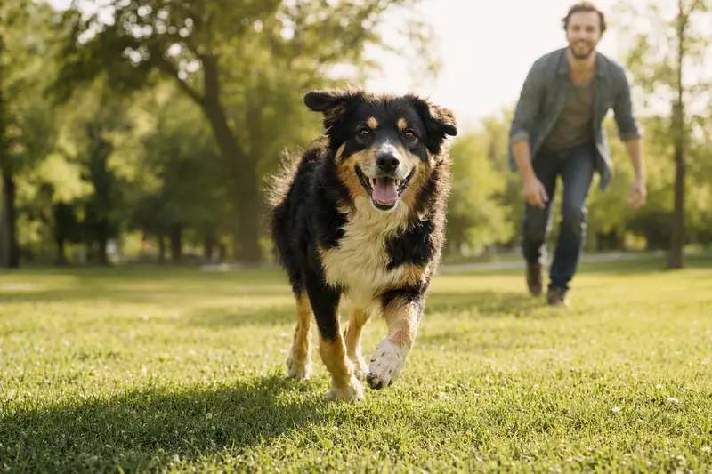 Ein glücklicher Björnhund rennt über eine grüne Wiese, während sein Besitzer im Hintergrund mit ihm spielt, an einem sonnigen Tag.