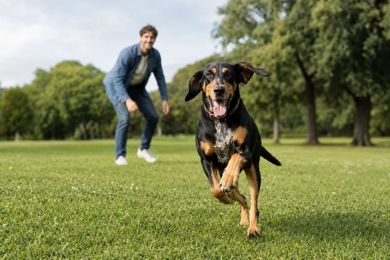 Ein vitaler Black and Tan Coonhound läuft fröhlich über eine grüne Wiese, während sein Besitzer im Hintergrund spielt.