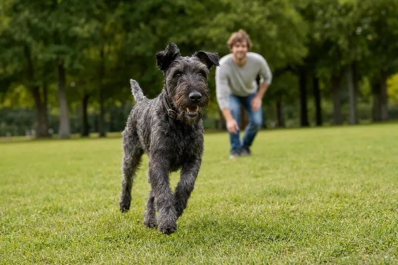 Ein fröhlicher Blauer Irischer Terrier läuft über eine grüne Wiese, während sein Besitzer ihn im Hintergrund spielt.