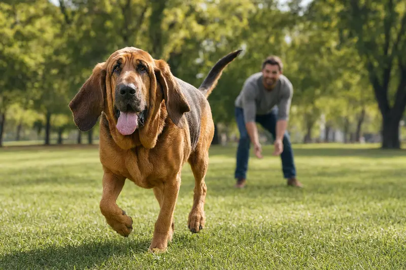 Ein vitaler Bloodhound läuft fröhlich über eine grüne Wiese im Park, während sein Besitzer im Hintergrund mit ihm spielt.