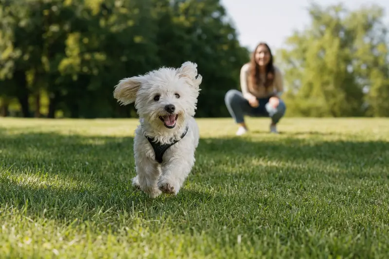 Ein fröhlicher Bologneser Hund läuft über eine grüne Wiese, während sein Besitzer im Hintergrund mit ihm spielt.