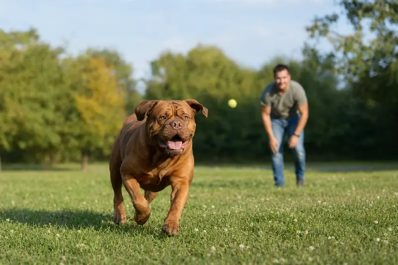 Eine vitale Bordeauxdogge läuft fröhlich über eine grüne Wiese im Park, während ihr Besitzer im Hintergrund mit ihr spielt.