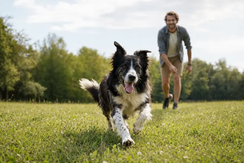 Ein aktiver Border Collie läuft fröhlich über eine grüne Wiese im Park, während sein Besitzer im Hintergrund mit ihm spielt.