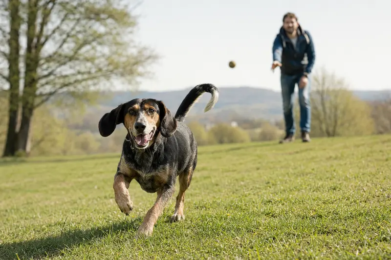 Ein fröhlicher Bosnische Bracke Hund läuft über eine grüne Wiese, während sein Besitzer im Hintergrund spielt.