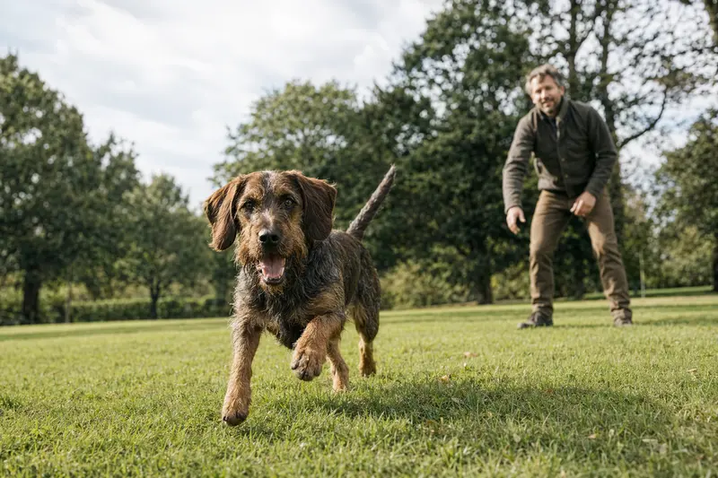 Ein Bosnischer Rauhhaarbracke Hund läuft fröhlich über eine grüne Wiese während sein Besitzer im Hintergrund mit ihm spielt.