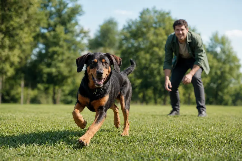 Ein fröhlicher Bosnischer Laufhund rennt über eine grüne Wiese, während sein Besitzer im Hintergrund spielt.