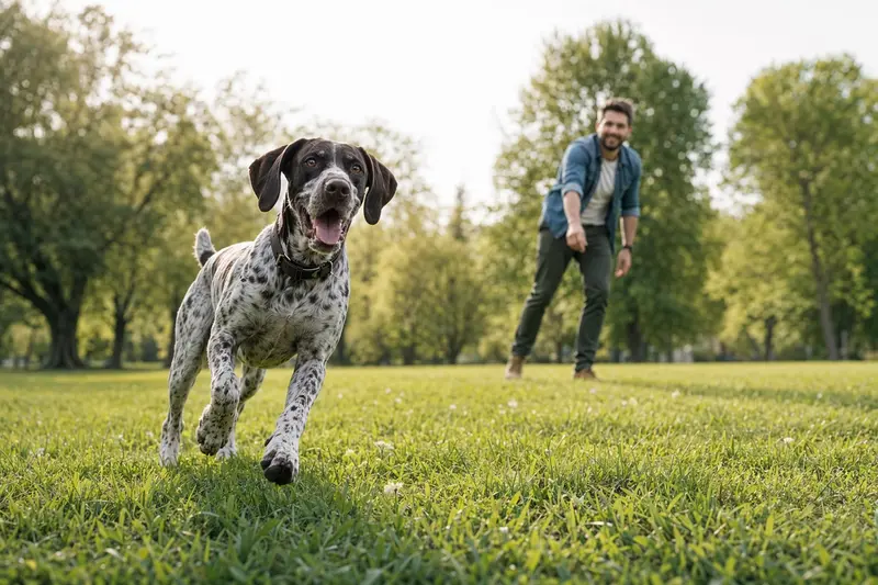 Ein vitaler Bourbonnais-Vorstehhund läuft fröhlich über eine grüne Wiese im Park, während der Besitzer im Hintergrund mit ihm spielt.
