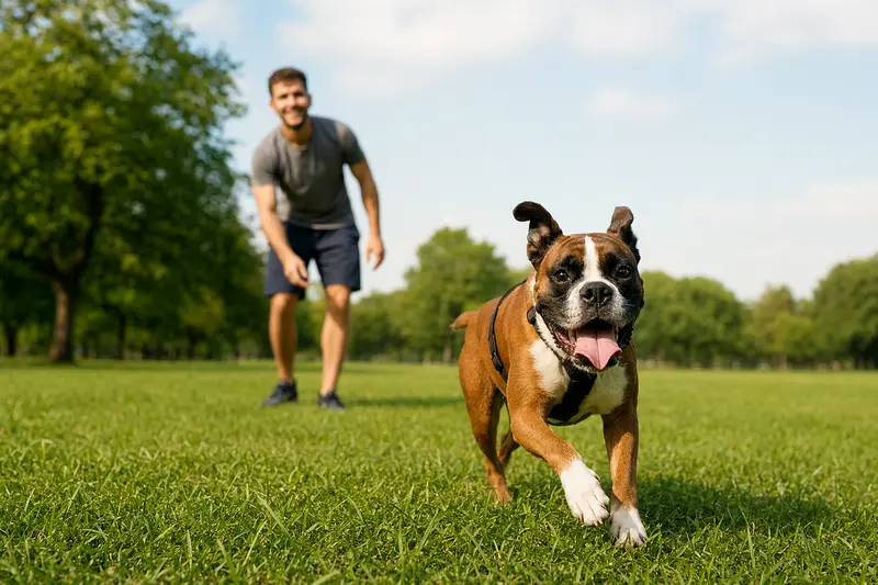 Ein fröhlicher Boxer Hund läuft über eine grüne Wiese, während sein Besitzer im Hintergrund mit ihm spielt.