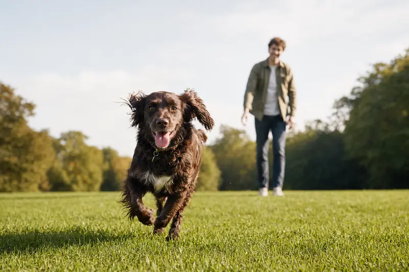 Vitaler Boykin Spaniel Hund läuft fröhlich über eine grüne Wiese mit seinem Besitzer im Hintergrund.