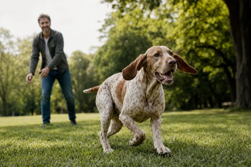 Ein fröhlicher Bracco Italiano Hund läuft über eine grüne Wiese, während sein Besitzer im Hintergrund mit ihm spielt und die positive Stimmung eines sonnigen Tages einfängt.