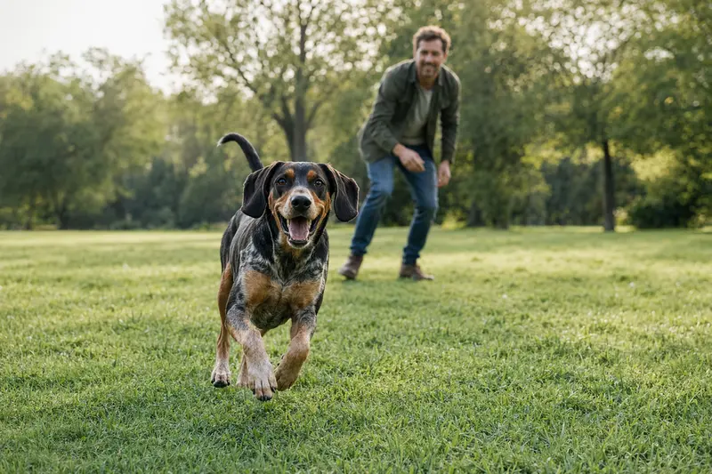 Fröhlicher Brandlbracke Hund läuft mit seinem Besitzer über eine grüne Wiese und genießt einen sonnigen Tag.