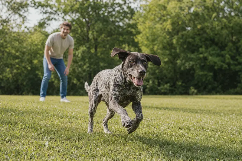 Ein Braque d'Auvergne Hund rennt fröhlich über eine grüne Wiese, während sein Besitzer mit ihm spielt.