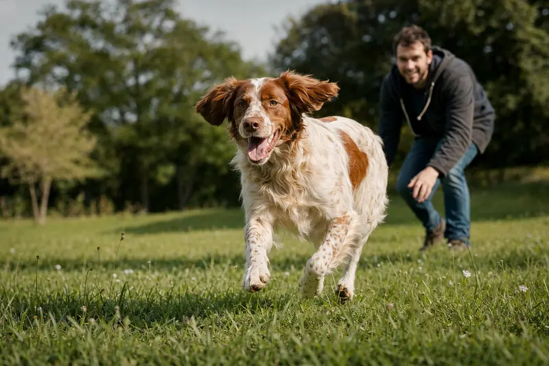 Ein fröhlicher Bretonischer Vorstehhund läuft über eine grüne Wiese, während sein Besitzer im Hintergrund mit ihm spielt.