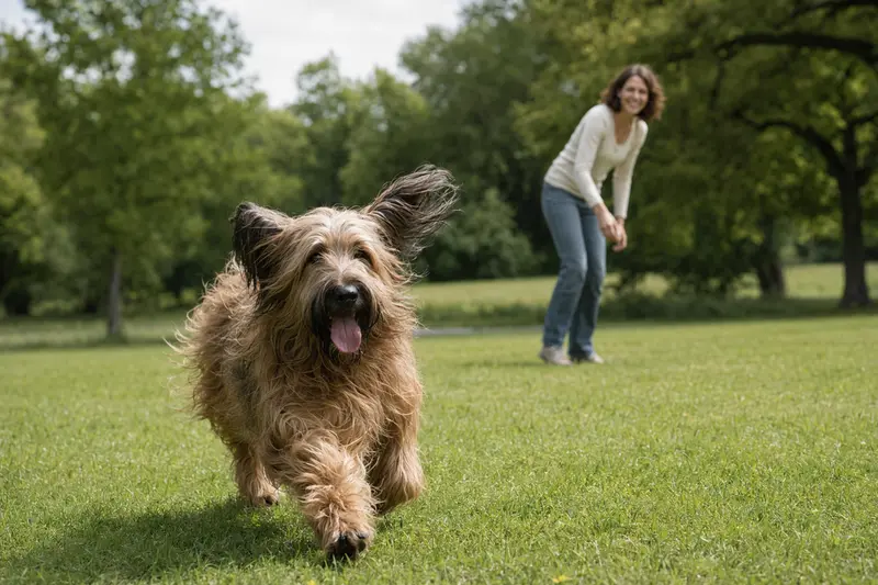 Ein fröhlicher Briard Hund läuft über eine grüne Wiese, während sein Besitzer im Hintergrund mit ihm spielt.