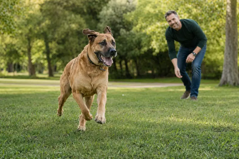 Ein vitaler Broholmer Hund läuft fröhlich über eine grüne Wiese, während sein Besitzer im Hintergrund mit ihm spielt.