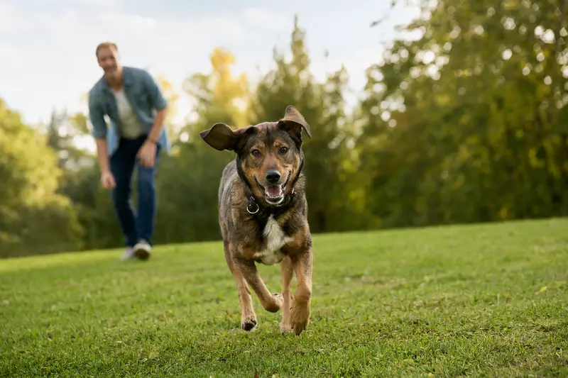 Ein fröhlicher Bruno du Jura Hund läuft über eine grüne Wiese, während sein Besitzer im Hintergrund mit ihm spielt.