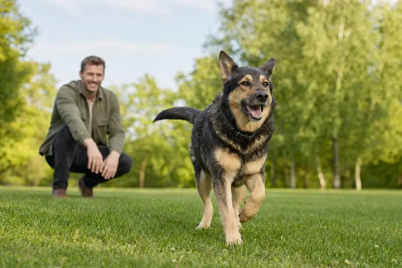 Ein vitaler Bulgarischer Schäferhund läuft fröhlich über eine grüne Wiese, während sein Besitzer im Hintergrund mit ihm spielt.