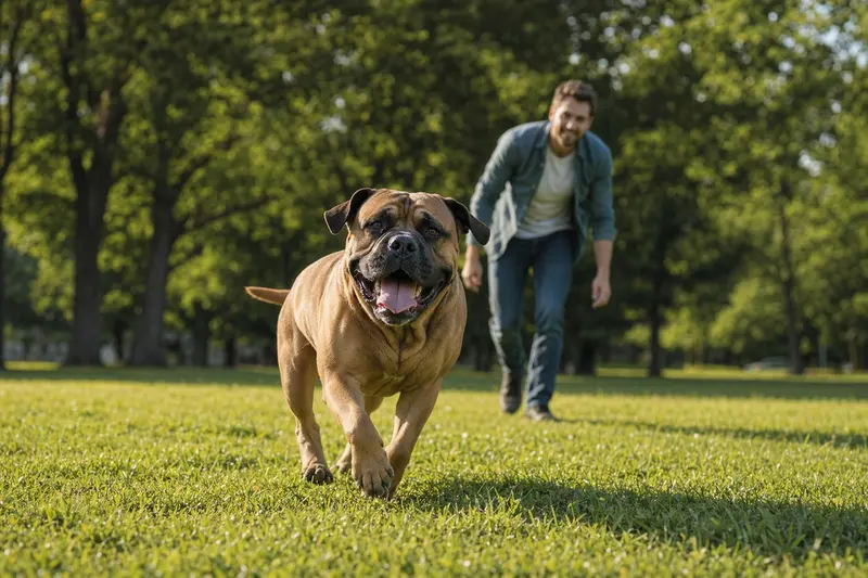 Ein Bullmastiff läuft fröhlich über eine grüne Wiese, während sein Besitzer im Hintergrund mit ihm spielt und die Sonne scheint.
