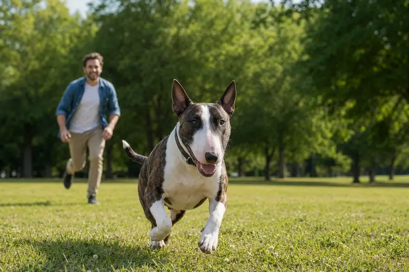 Ein fröhlicher Bullterrier läuft über eine grüne Wiese, während sein Besitzer im Hintergrund mit ihm spielt.