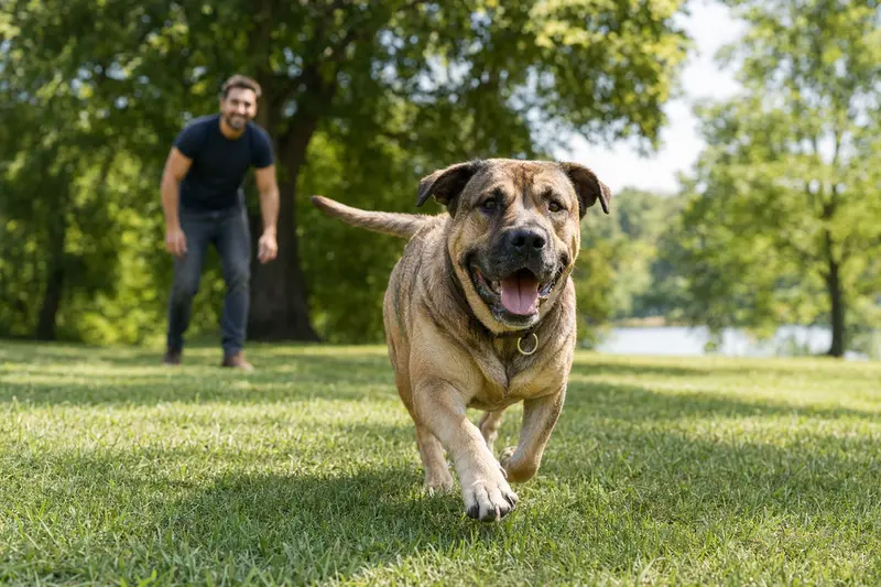 Ein fröhlicher Ca de Bou Hund rennt über eine grüne Wiese, während sein Besitzer im Hintergrund spielt.