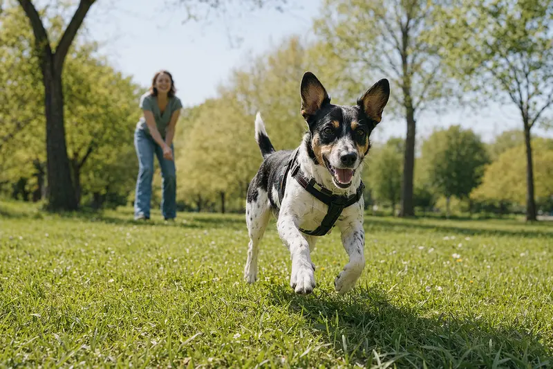 Ein fröhlicher Ca de Rater Valencia Hund läuft über eine grüne Wiese, während sein Besitzer im Hintergrund mit ihm spielt.