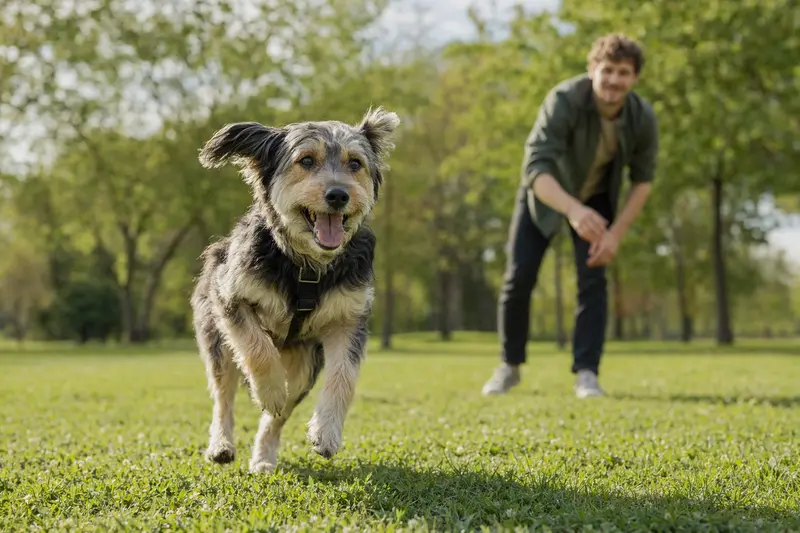 Vitaler Hund läuft fröhlich über eine grüne Wiese, während sein Besitzer im Hintergrund spielt.
