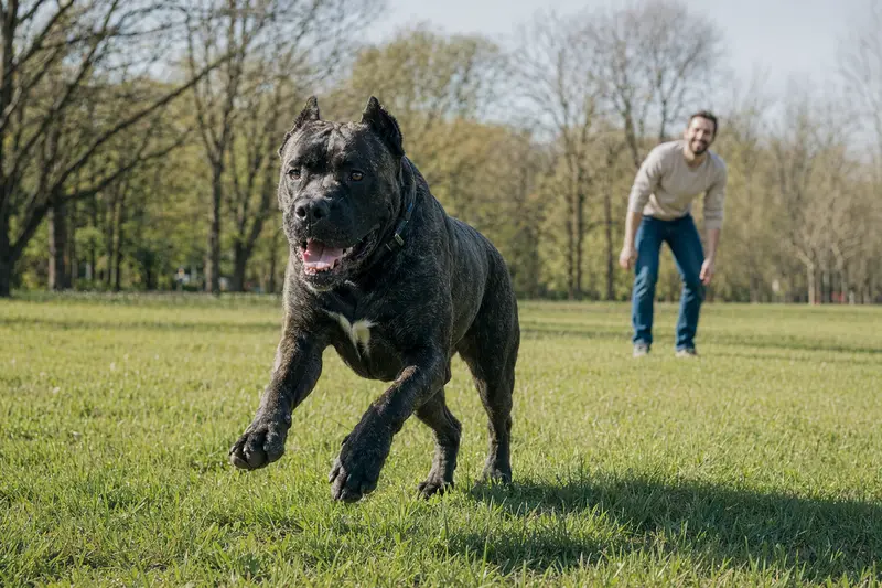 Ein fröhlicher Cane Corso Hund läuft über eine grüne Wiese, während sein Besitzer im Hintergrund spielt.
