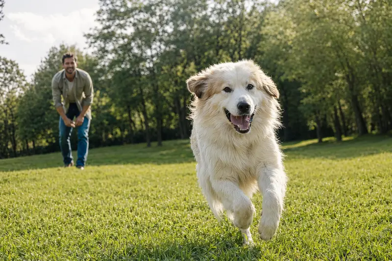 Ein vitaler Cane da Pastore Maremmano Abruzzese läuft fröhlich über eine grüne Wiese im Park, während sein Besitzer im Hintergrund mit ihm spielt.