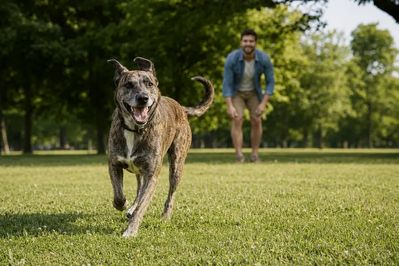Ein gesunder und fröhlicher Cane Di Maccelaio Hund läuft über grüne Wiese, während sein Besitzer im Hintergrund mit ihm spielt.