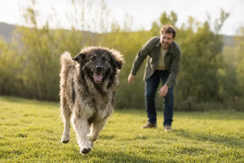 Ein lebhafter Cao da Serra da Estrela Hund läuft fröhlich über eine grüne Wiese, während sein Besitzer im Hintergrund mit ihm spielt.
